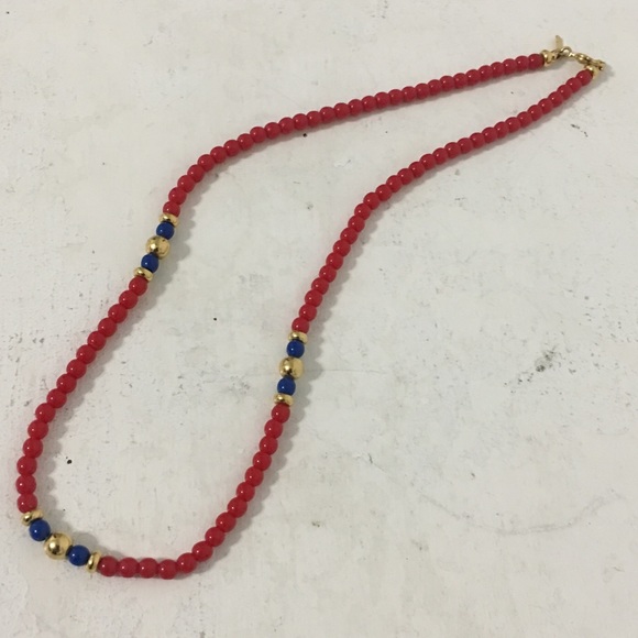 80s Vintage Monet Red Blue Gold Beaded Necklace - Picture 1 of 8